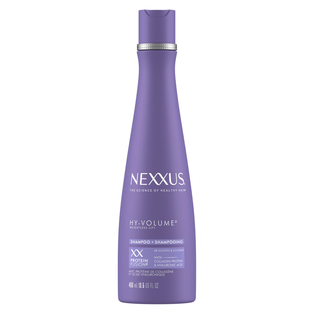 Nexxus Hy-Volume Shampoo, bouteille lumineuse, volume durable dès la première utilisation.