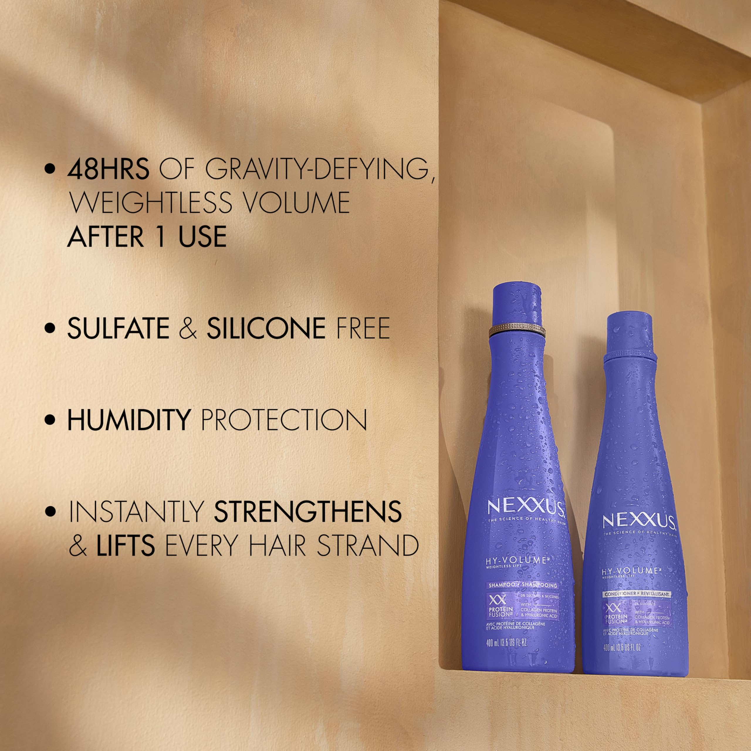 Nexxus Hy-Volume Shampoo, épaissit chaque mèche dès la racine.