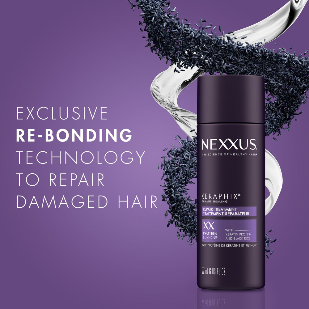 Application sur cheveux humides avec Keraphix, soin profond sans rinçage possible.