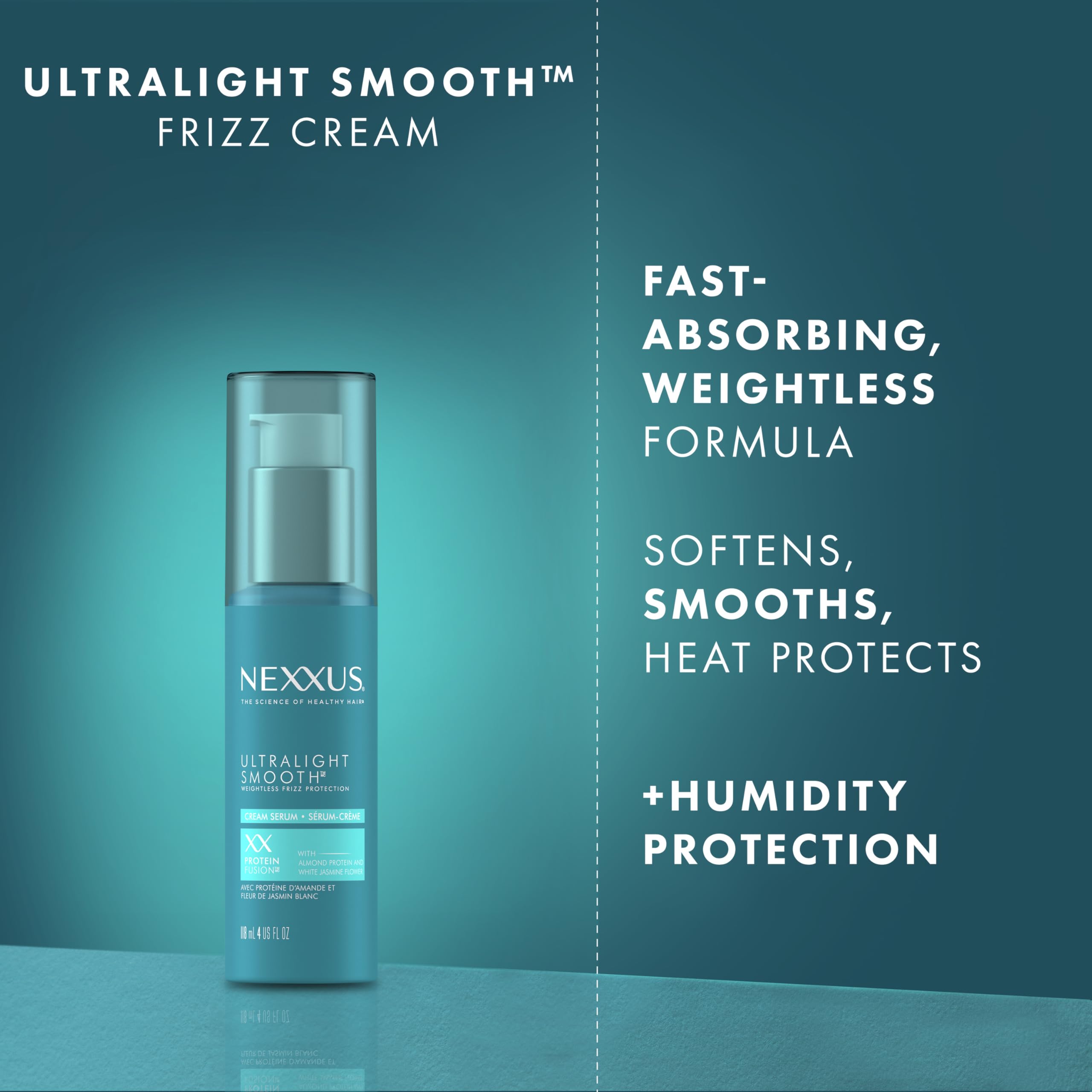 Nexxus Ultralight Smooth Serum – texture crème, cheveux frisés disciplinés sans alourdir.