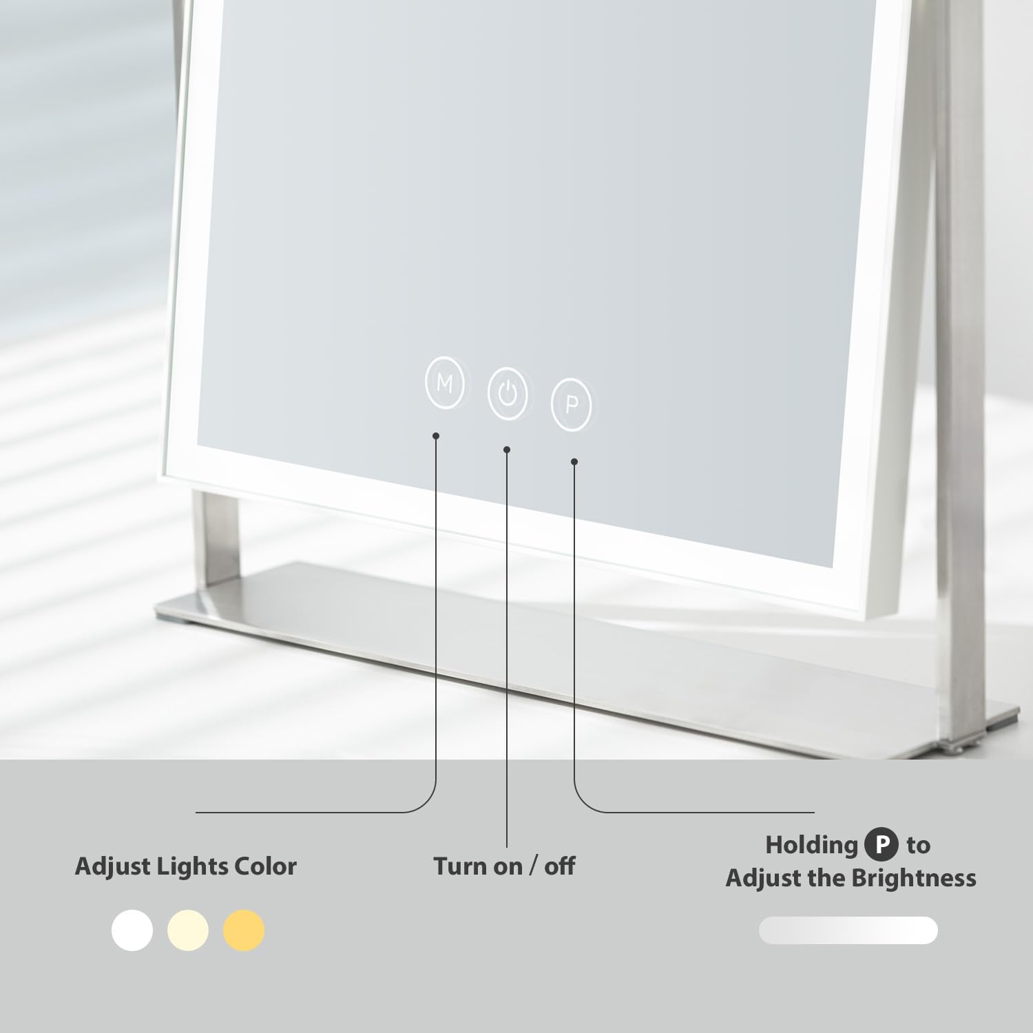 NEZZOE miroir sur socle métallique argenté et verre HD robuste, idéal sur table.