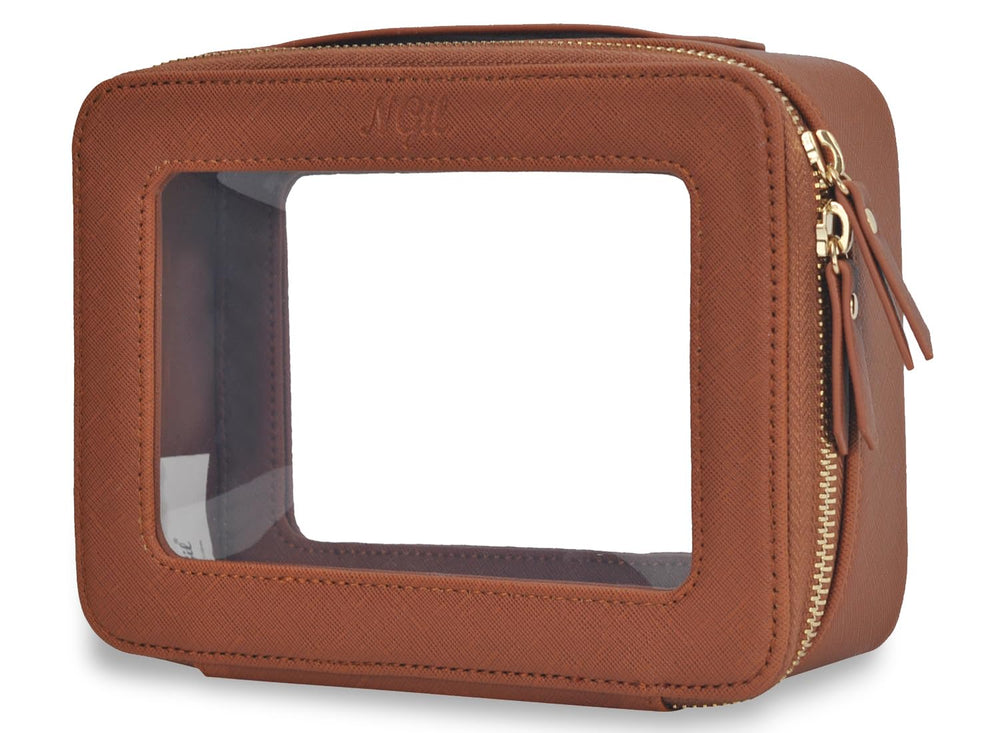 NGIL trousse toilette transparente en cuir synthétique marron, visibilité rapide des produits.