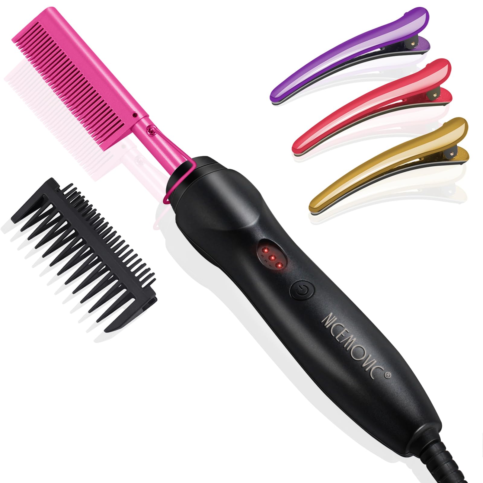 NICEMOVIC peigne chauffant en céramique rose – chaleur rapide pour cheveux lisses et brillants.