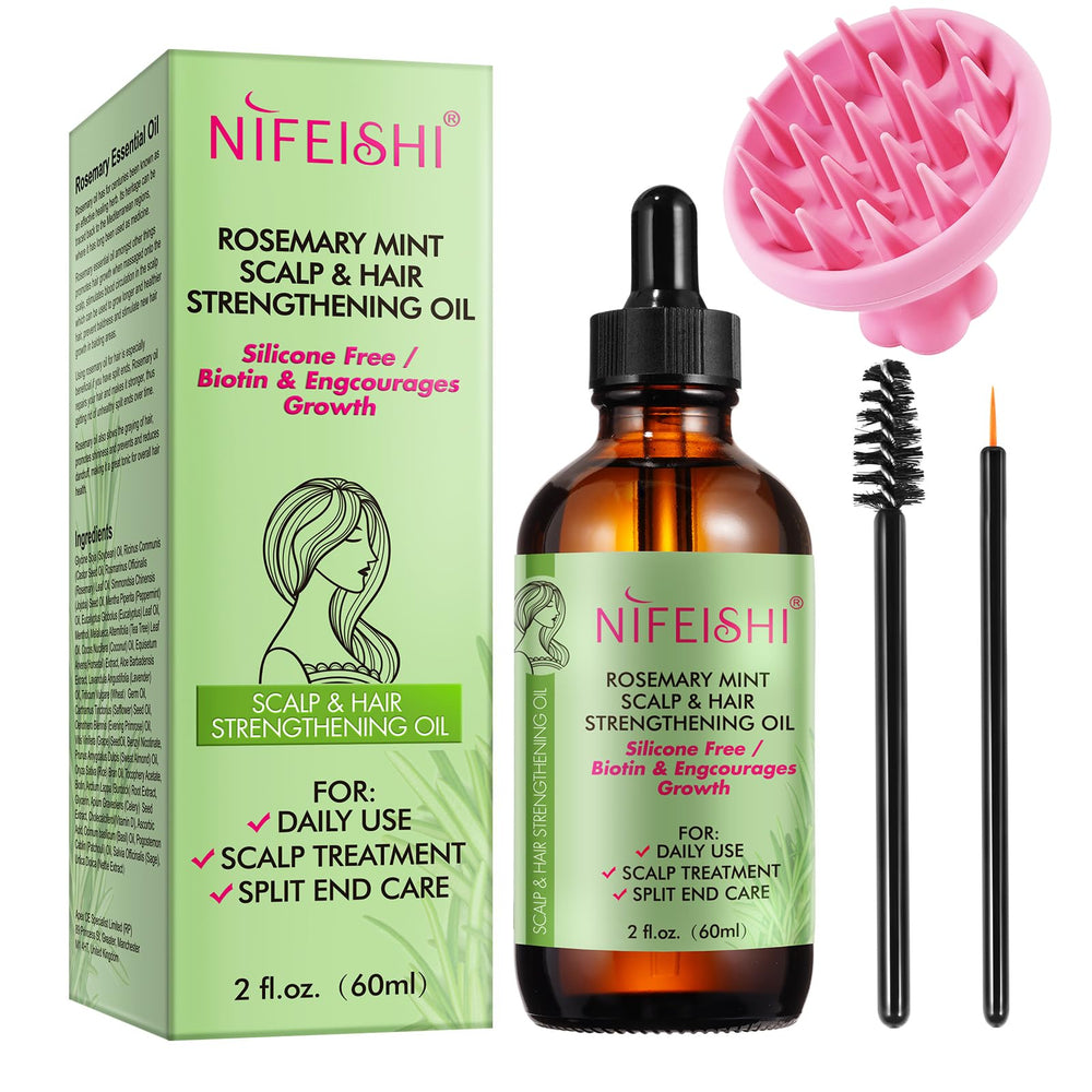 Huile de romarin NIFEISHI en bouteille sombre de 60 ml pour cheveux forts et sains.