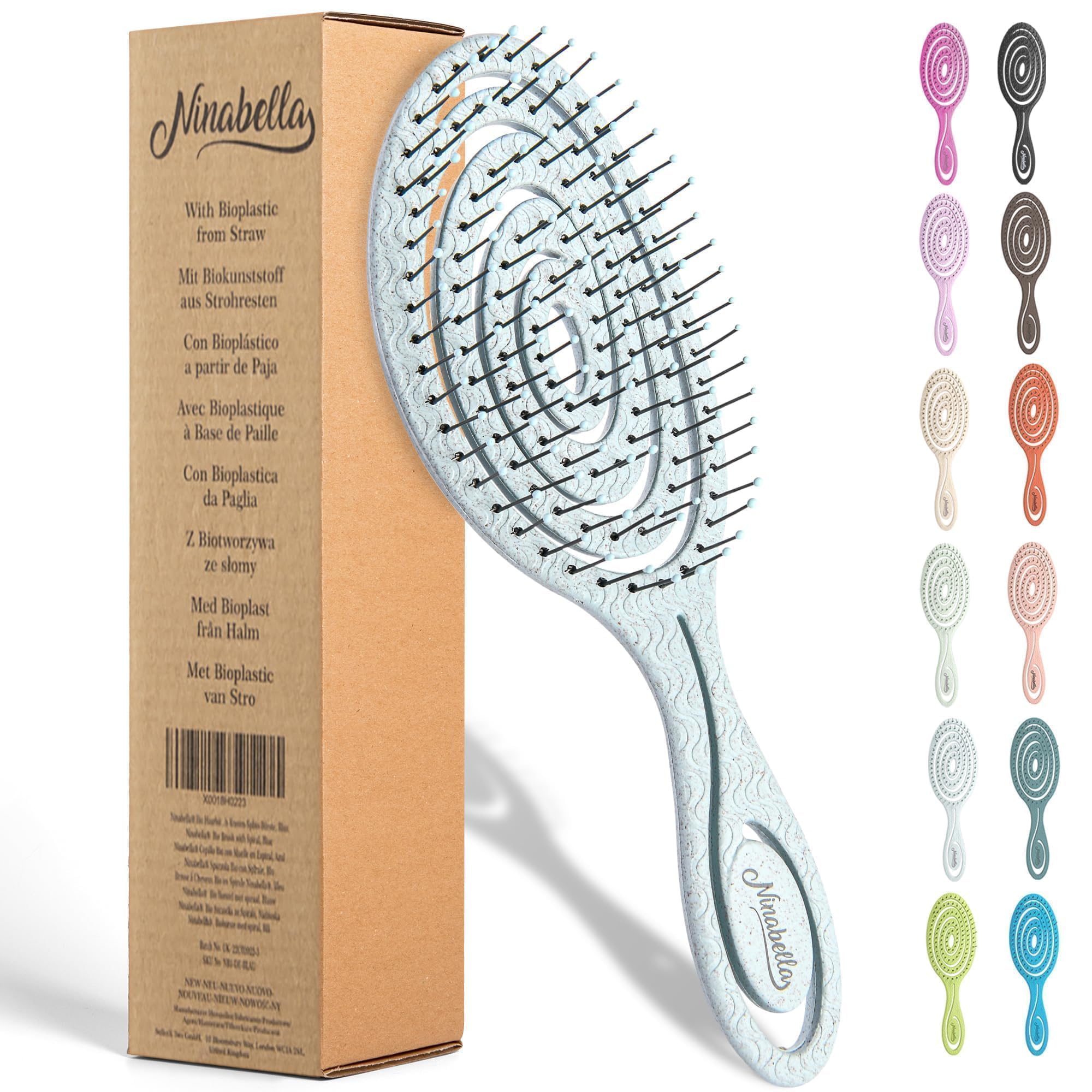 Brosse Ninabella démêlage spirale bleue vue générale démêlage sans douleur.