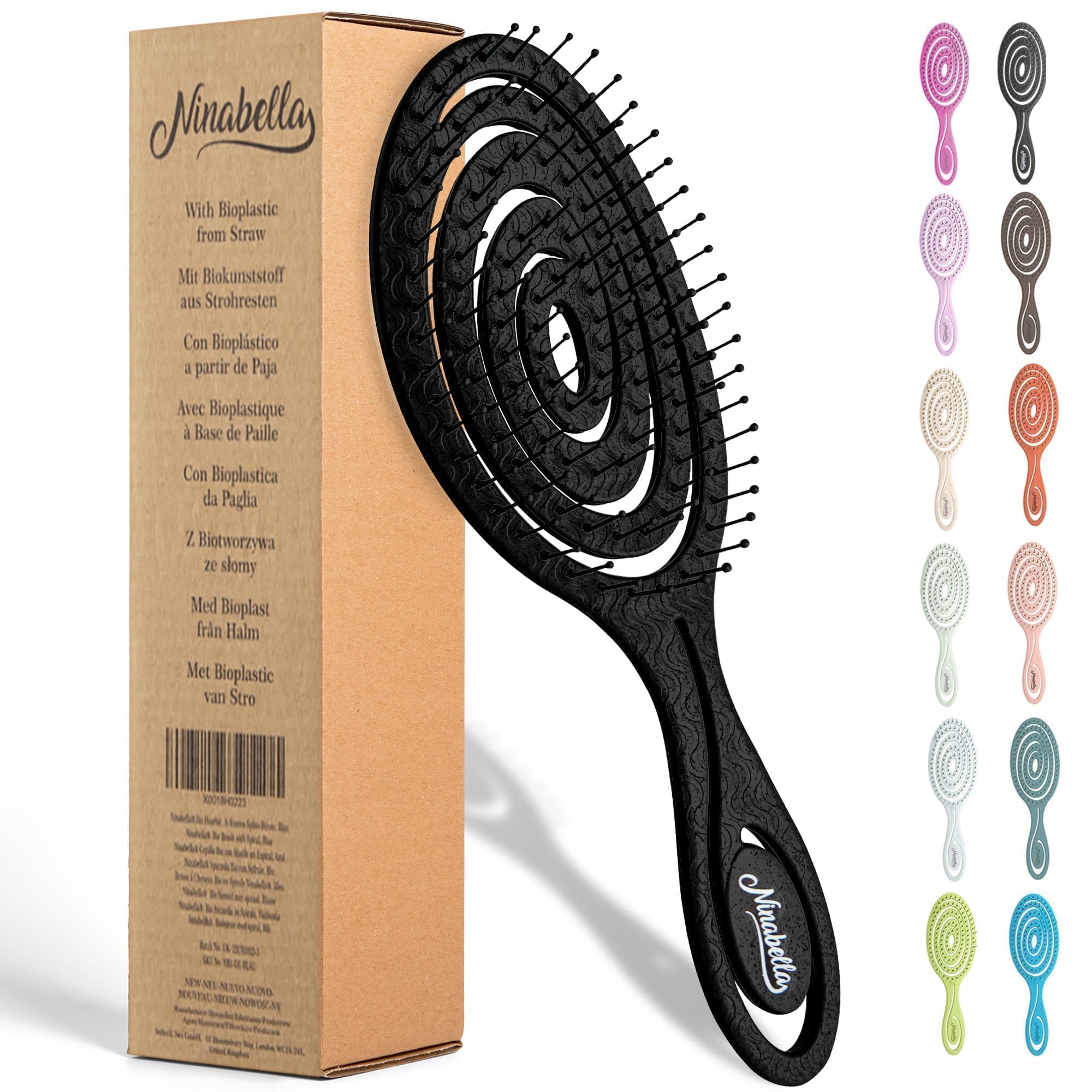 Ninabella brosse démêlante spiral noir, démêlage en douceur sans tiraillement.