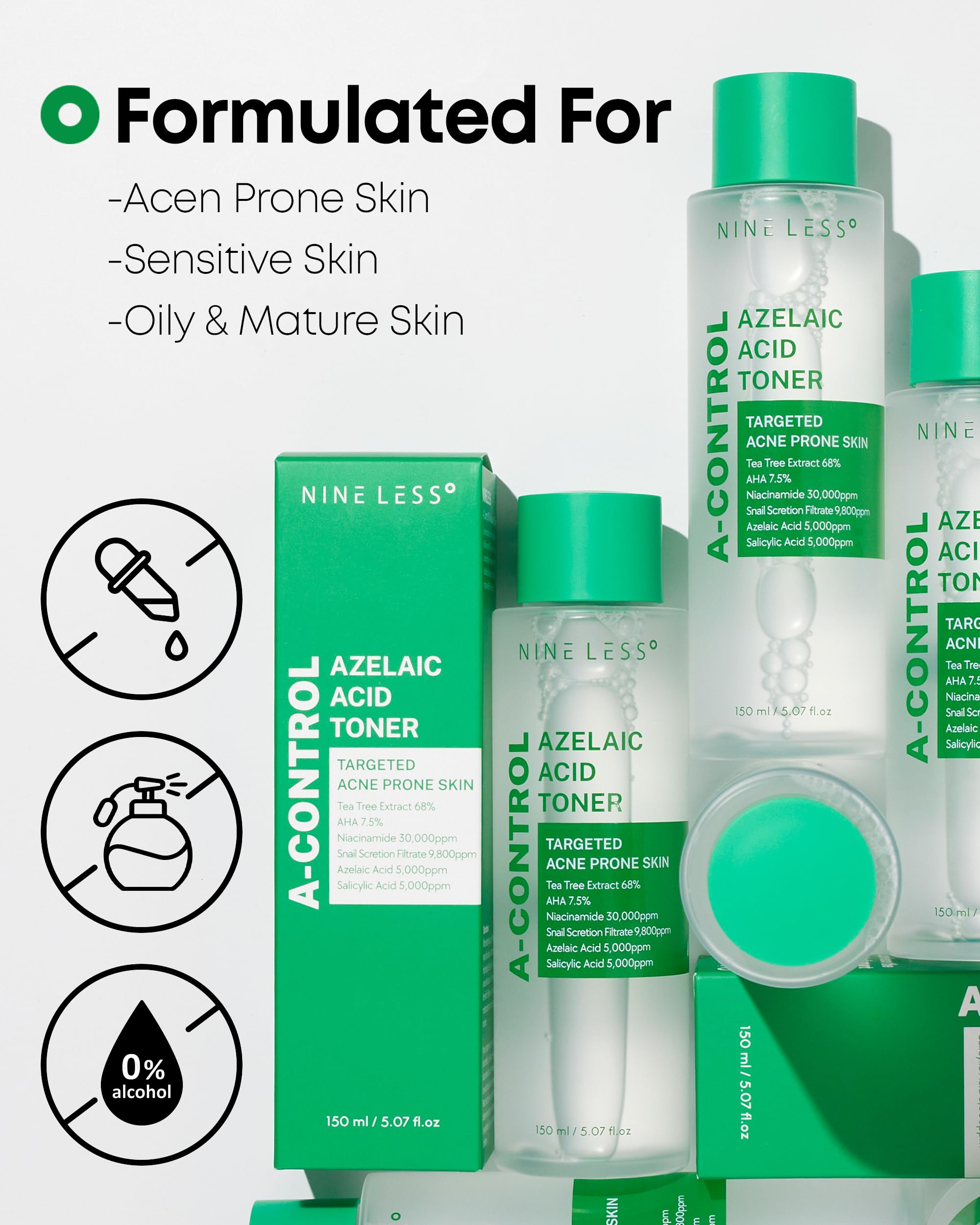 Nineless A-Control Toner, ingrédients clés AHA/BHA et niacinamide.