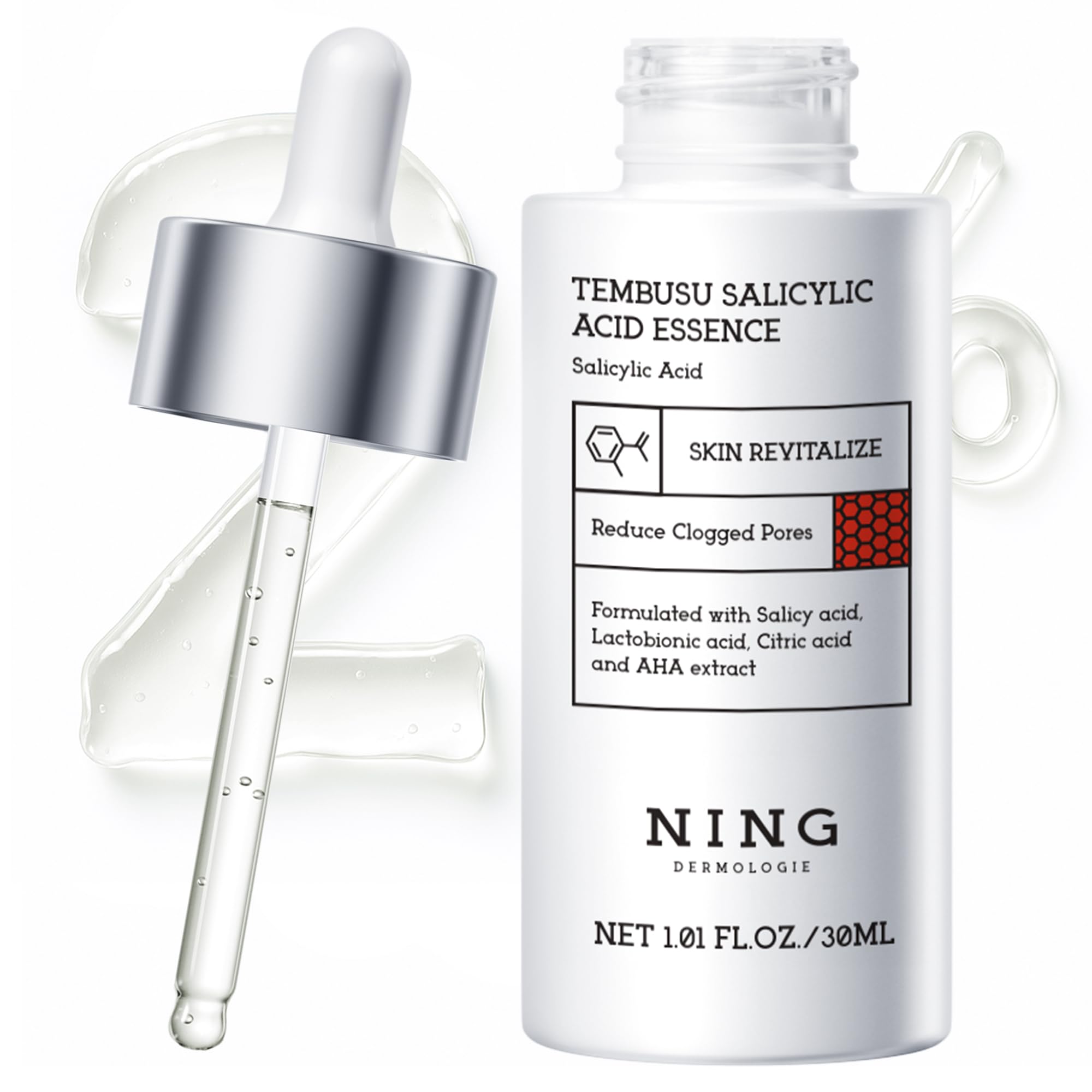 Sérum NING DERMOLOGIE 2% sur flacon, ciblant pores et imperfections
