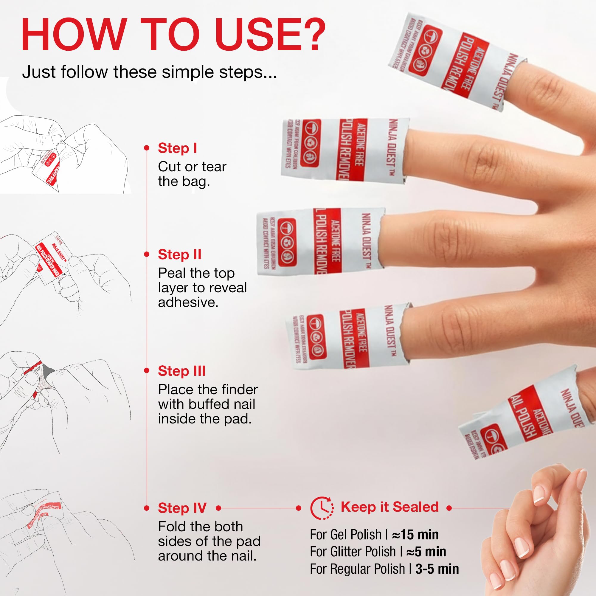 NINJA QUEST pads-démaquillant adaptés vernis naturel, gel et acrylique.