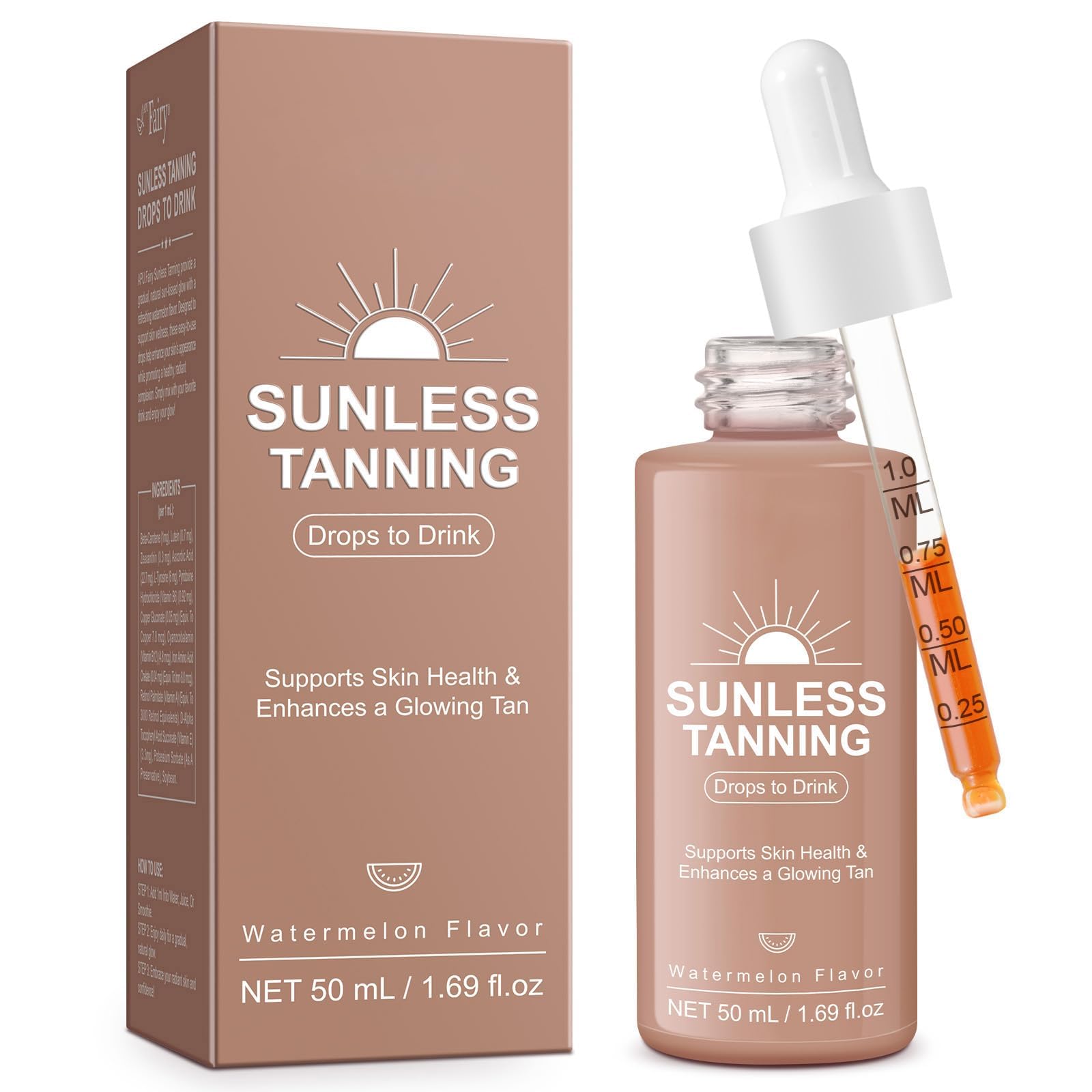 Gouttes auto-bronzantes Ninsiec versées dans un verre d'eau pour un bronzage progressif.