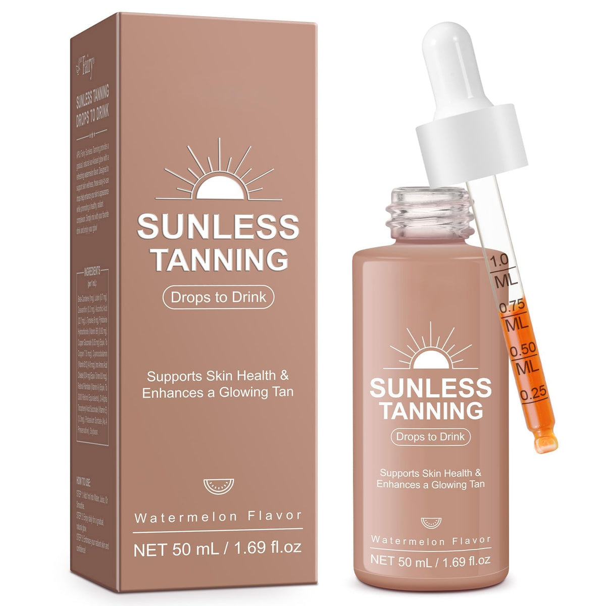 Gouttes auto-bronzantes Ninsiec versées dans un verre d'eau pour un bronzage progressif.
