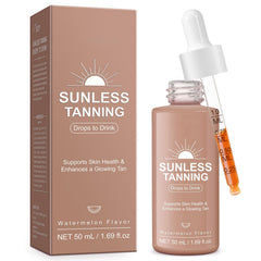 Gouttes auto-bronzantes Ninsiec versées dans un verre d'eau pour un bronzage progressif.