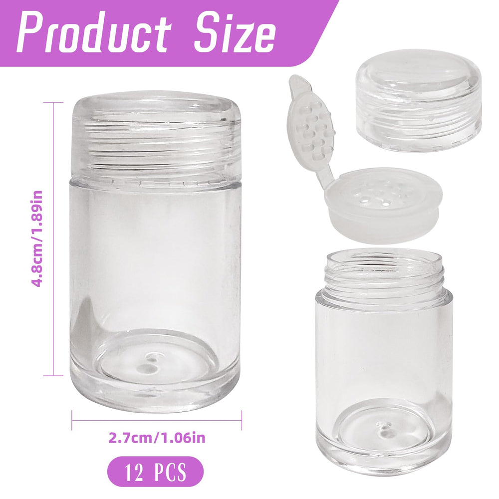 Nirvany pots-poudre transparents 10ml avec bouchons pour un classement clair.