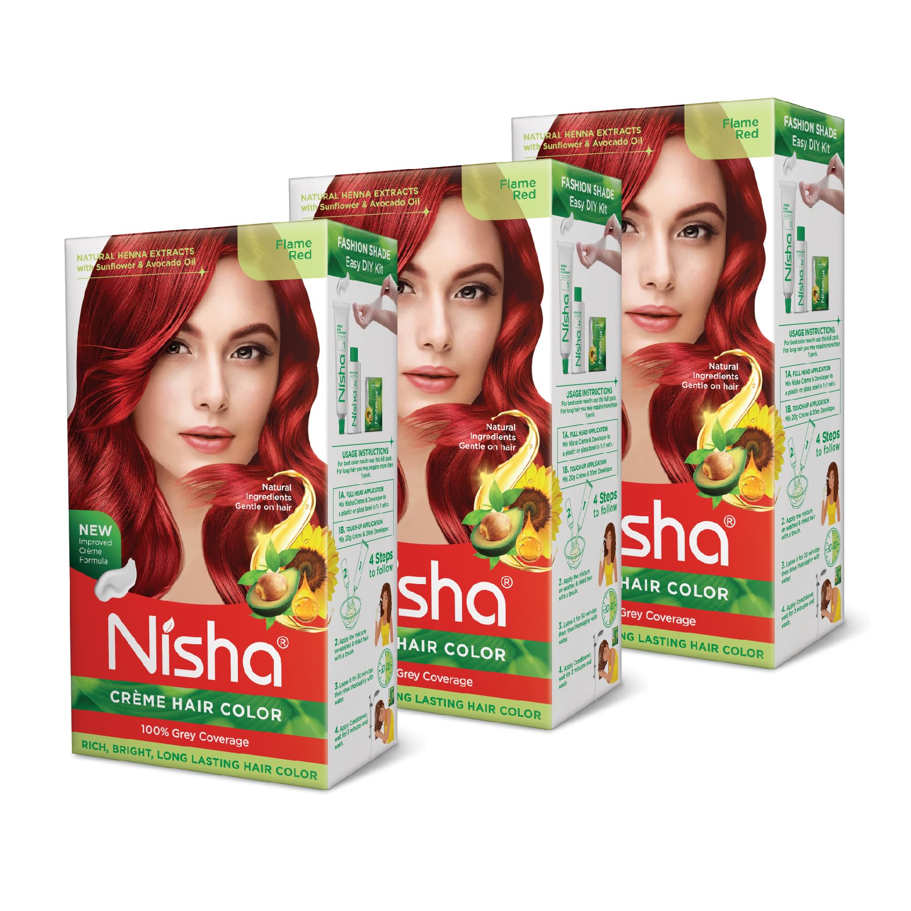 Nisha Creme Coloration Flame Red — flacon et couverture uniforme des cheveux gris.
