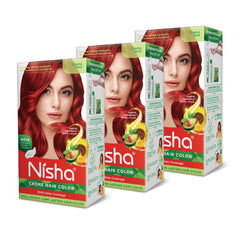 Nisha Creme Coloration Flame Red — flacon et couverture uniforme des cheveux gris.
