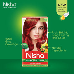 Nisha Creme Coloration Flame Red — résultat lumineux et naturel après rinçage.