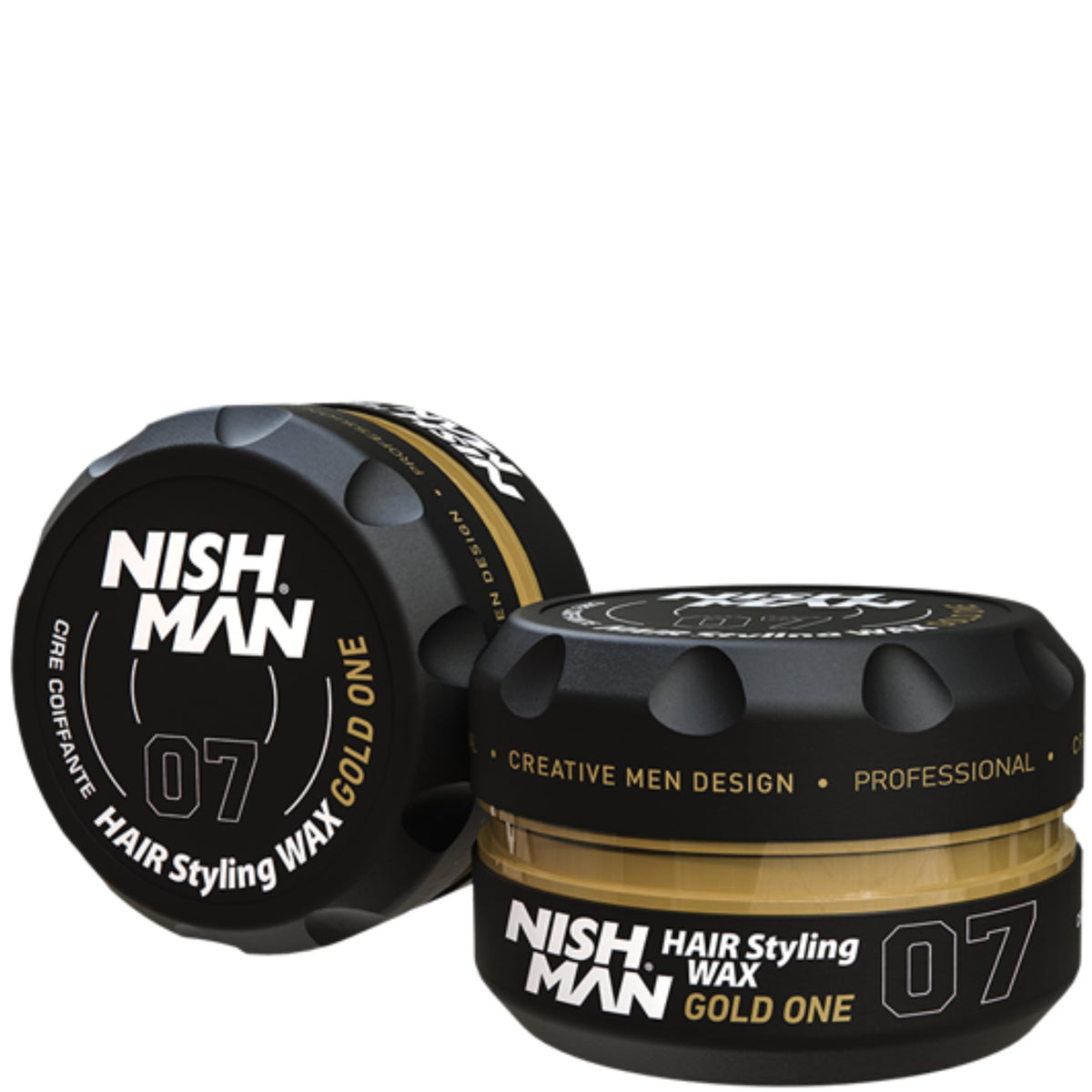 Cire coiffante Nishman Gold One 07 dans son pot, tenue forte et brillance.
