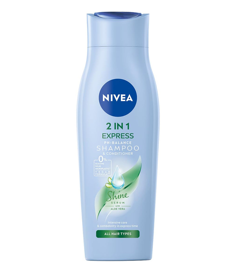 NIVEA 2-en-1, bouteille bleu mise en valeur pour un soin rapide des cheveux.