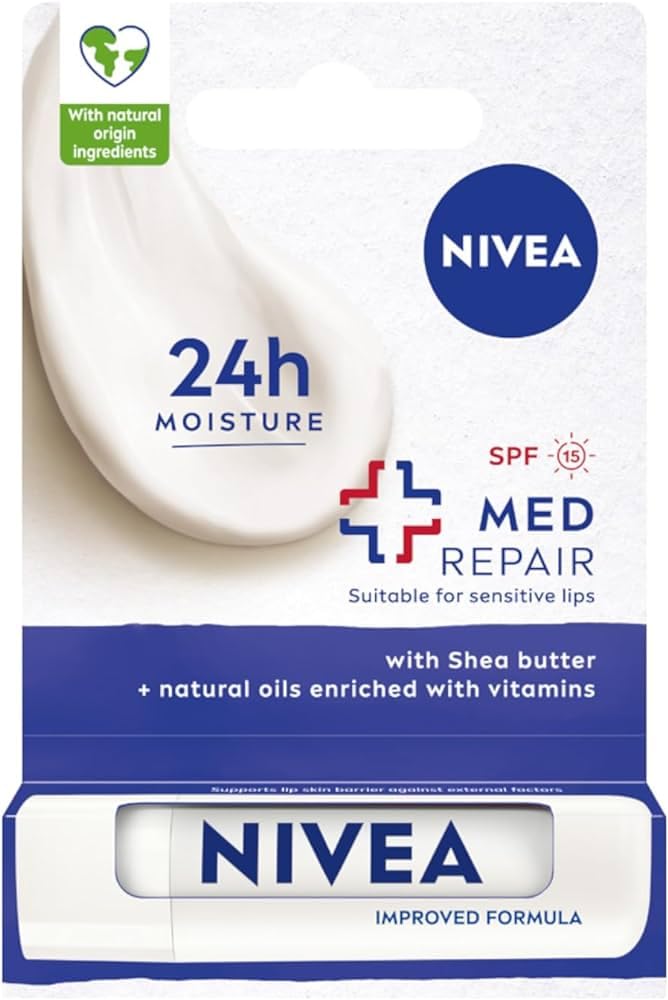 NIVEA Soin Lèvres Récupération SPF15; texture apaisante pour lèvres sèches et gercées.