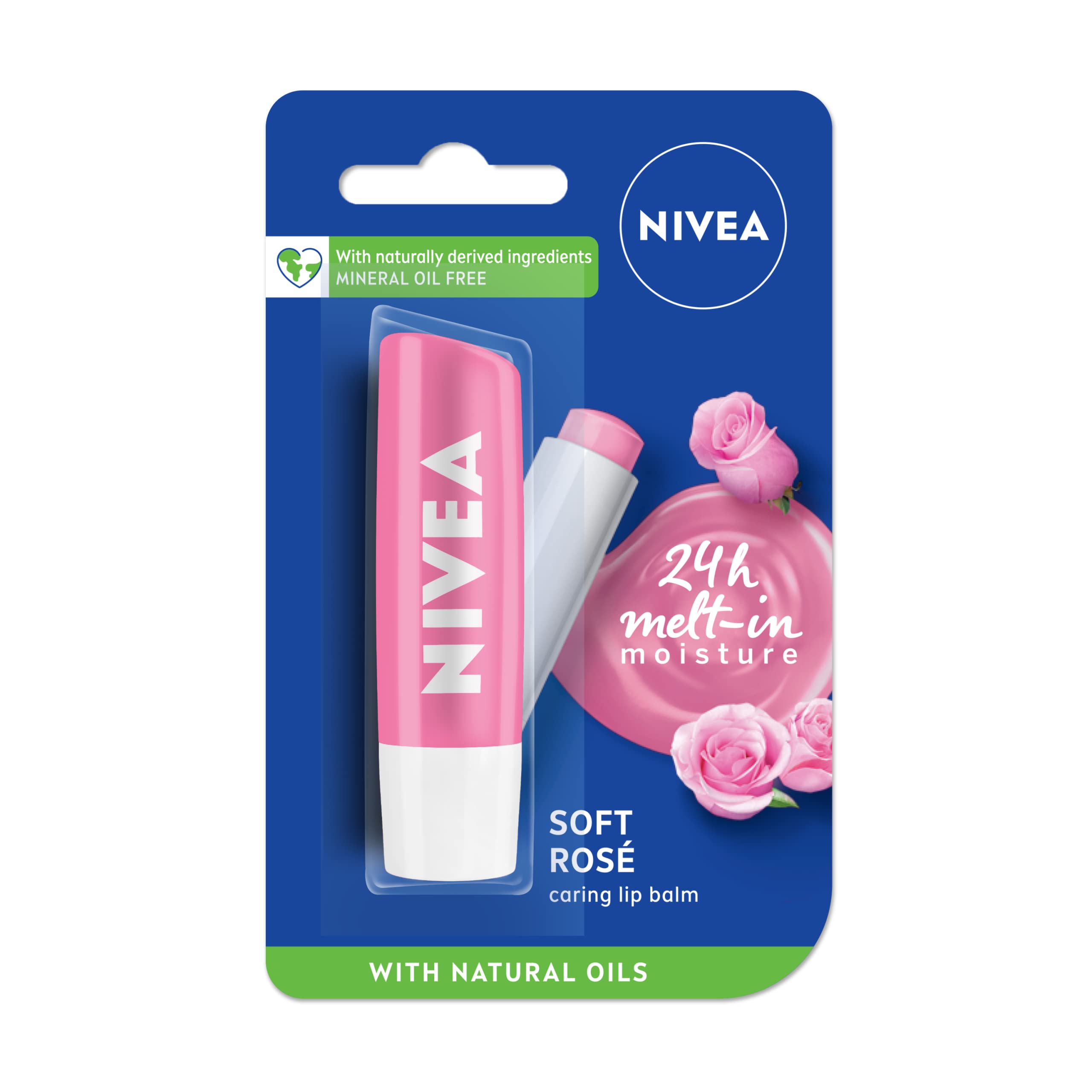Baume lèvres rose NIVEA, emballage blister pratique pour les déplacements.