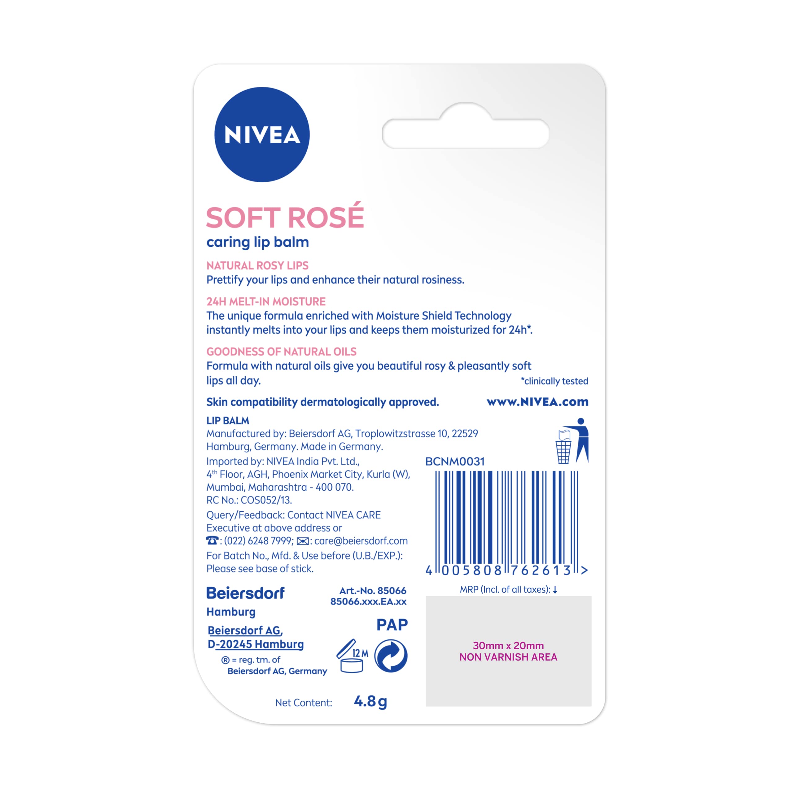 Format compact 4,8 g du baume lèvres rose NIVEA.
