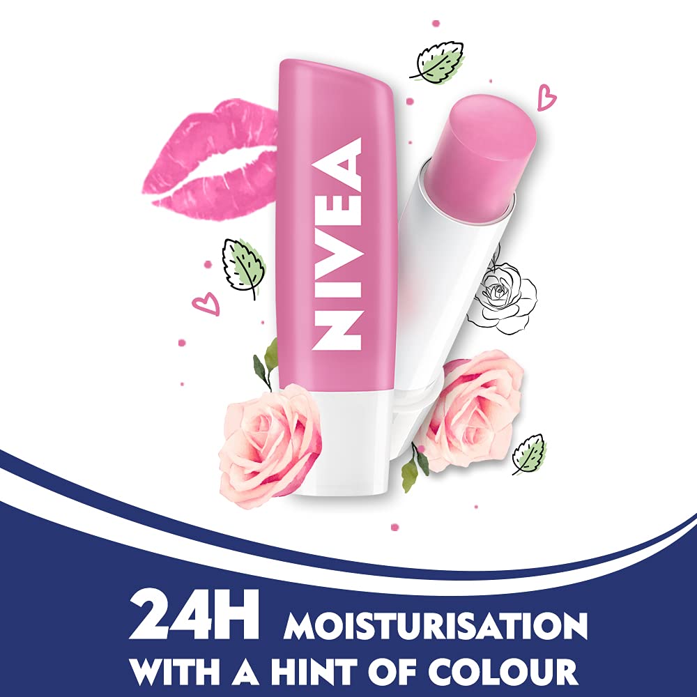 Huile de jojoba intégrée au baume lèvres rose NIVEA pour hydratation.