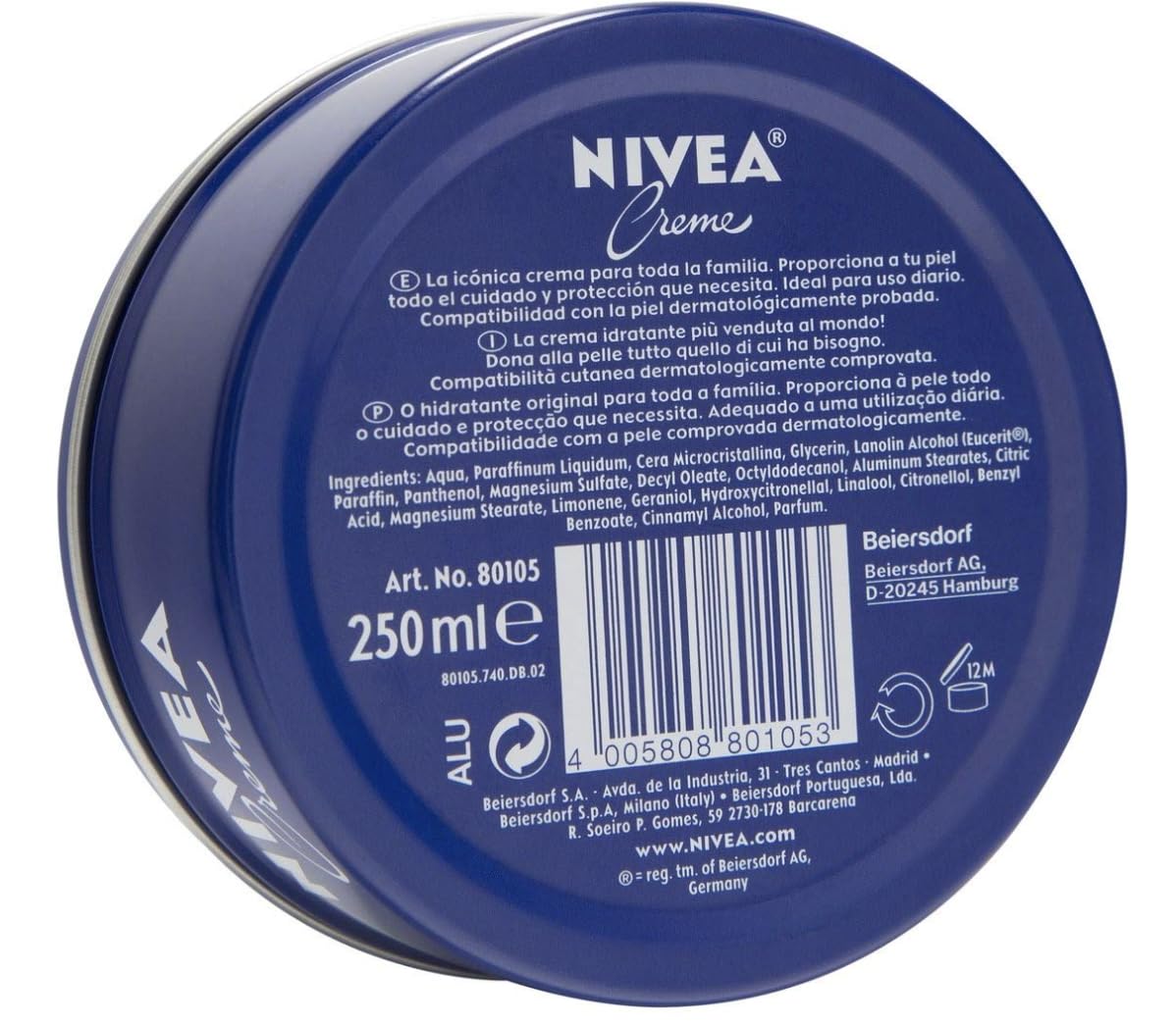 Texture crémeuse NIVEA sur emballage métallique, prêt à hydrater rapidement.