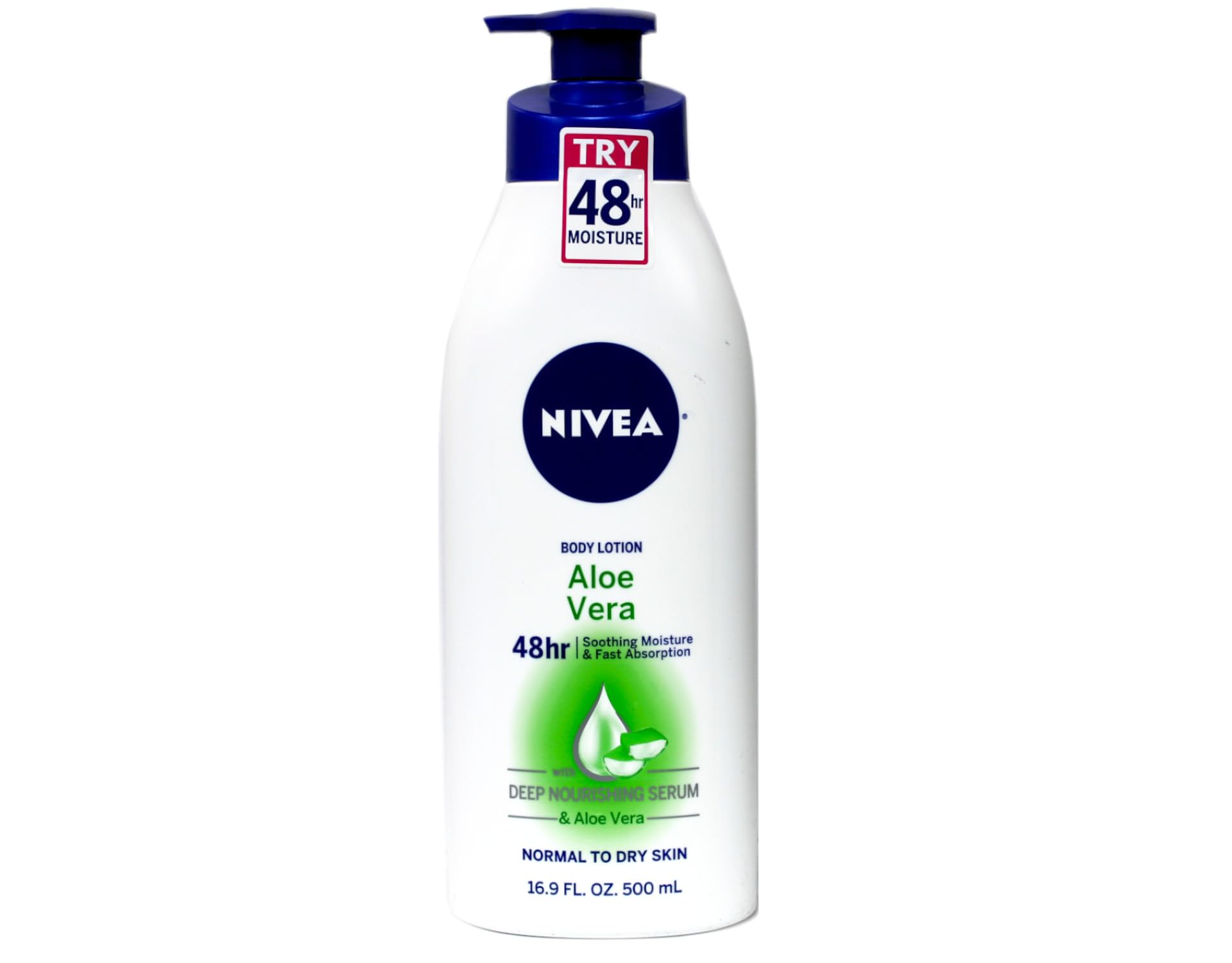 NIVEA Lotion Aloe Vera, pompe 48h, hydratation durable sans fini gras.