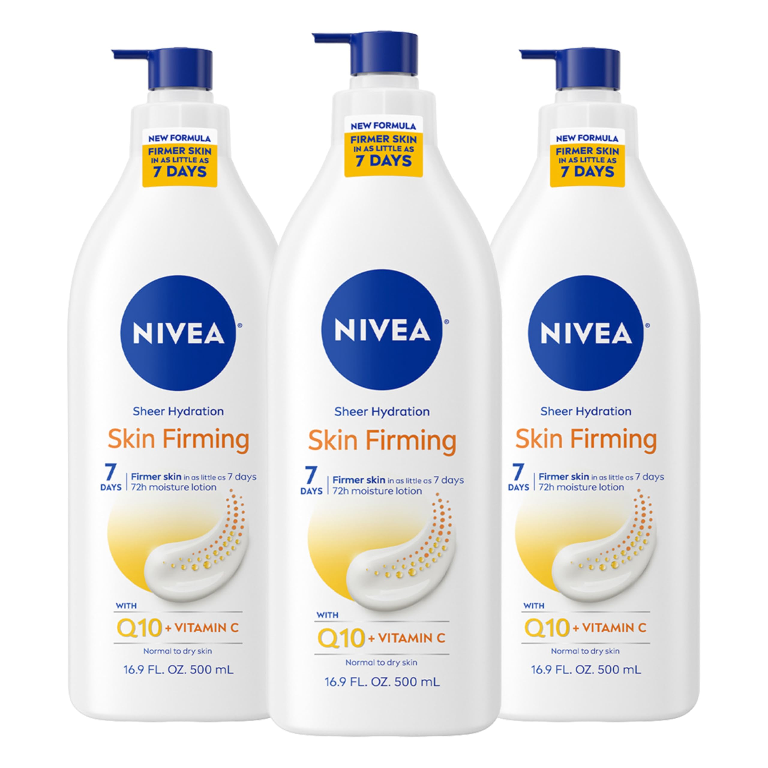 Lotion corporelle NIVEA raffermissante avec Q10 et Vitamine C, flacon pompe 500 ml.