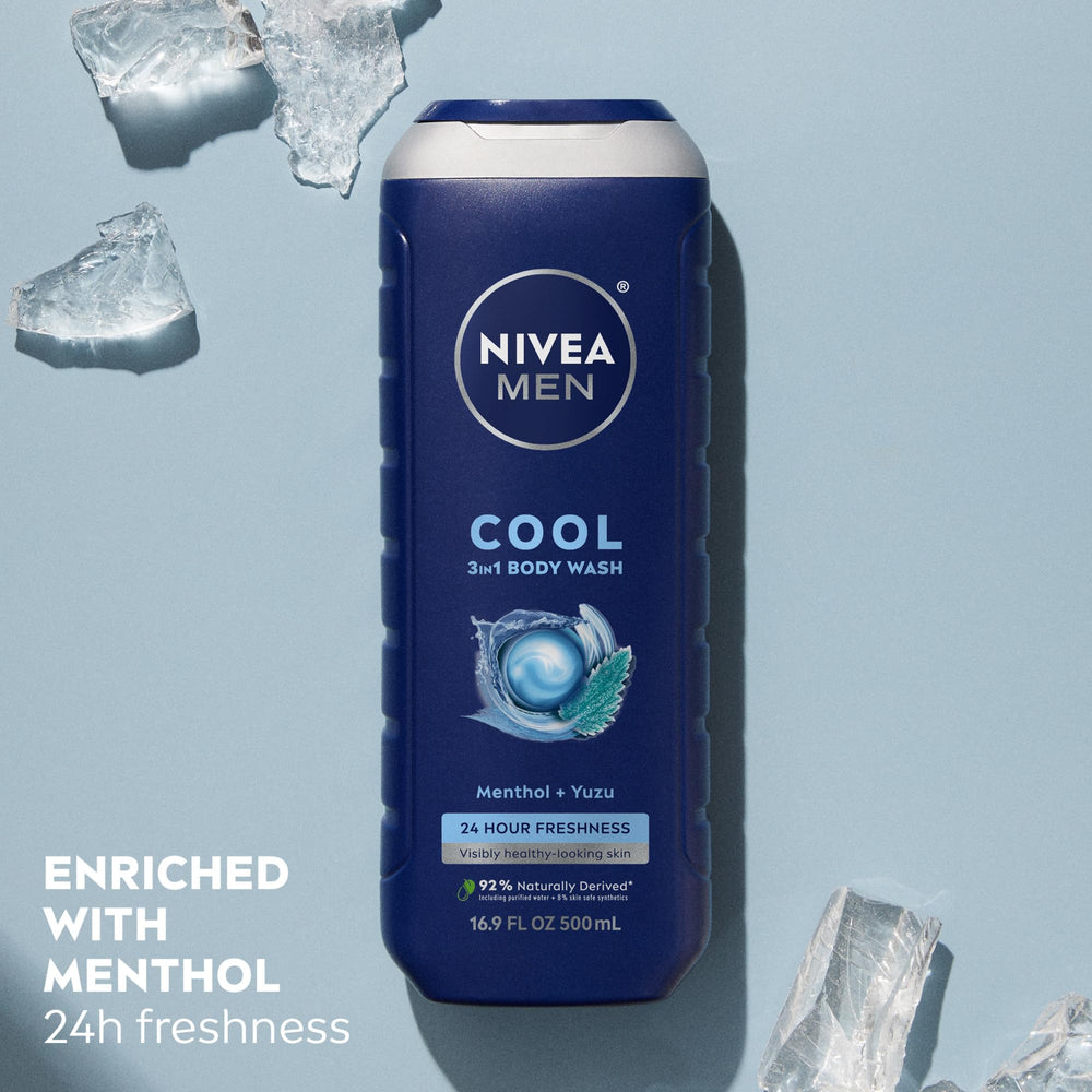 NIVEA MEN Cool Body Wash utilisation 3-en-1 sur visage, cheveux et corps.