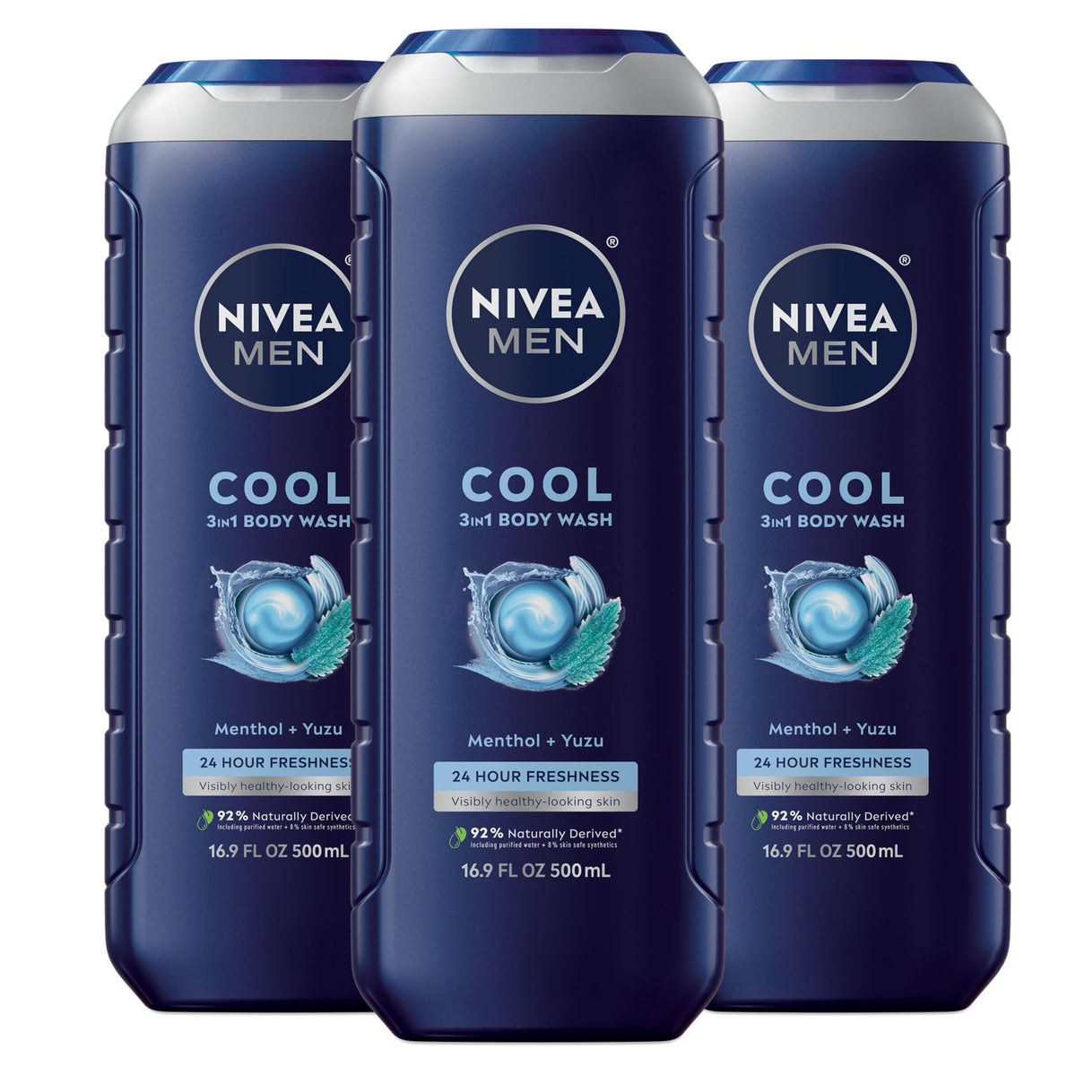 NIVEA MEN Cool Body Wash devant la bouteille, rafraîchissement rapide après la douche.