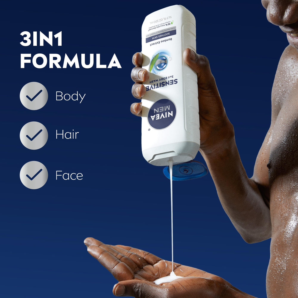 NIVEA MEN Gel douche 3-en-1 pour visage, corps et cheveux, pratique au quotidien.