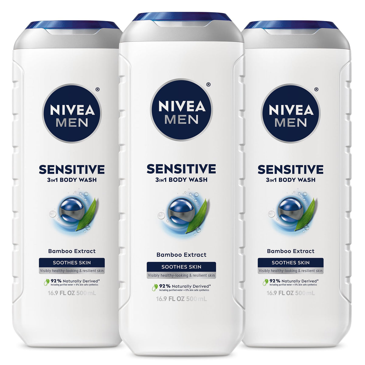 NIVEA MEN Gel douche Sensitive avec extrait bambou — bouteille durable et hydratante.