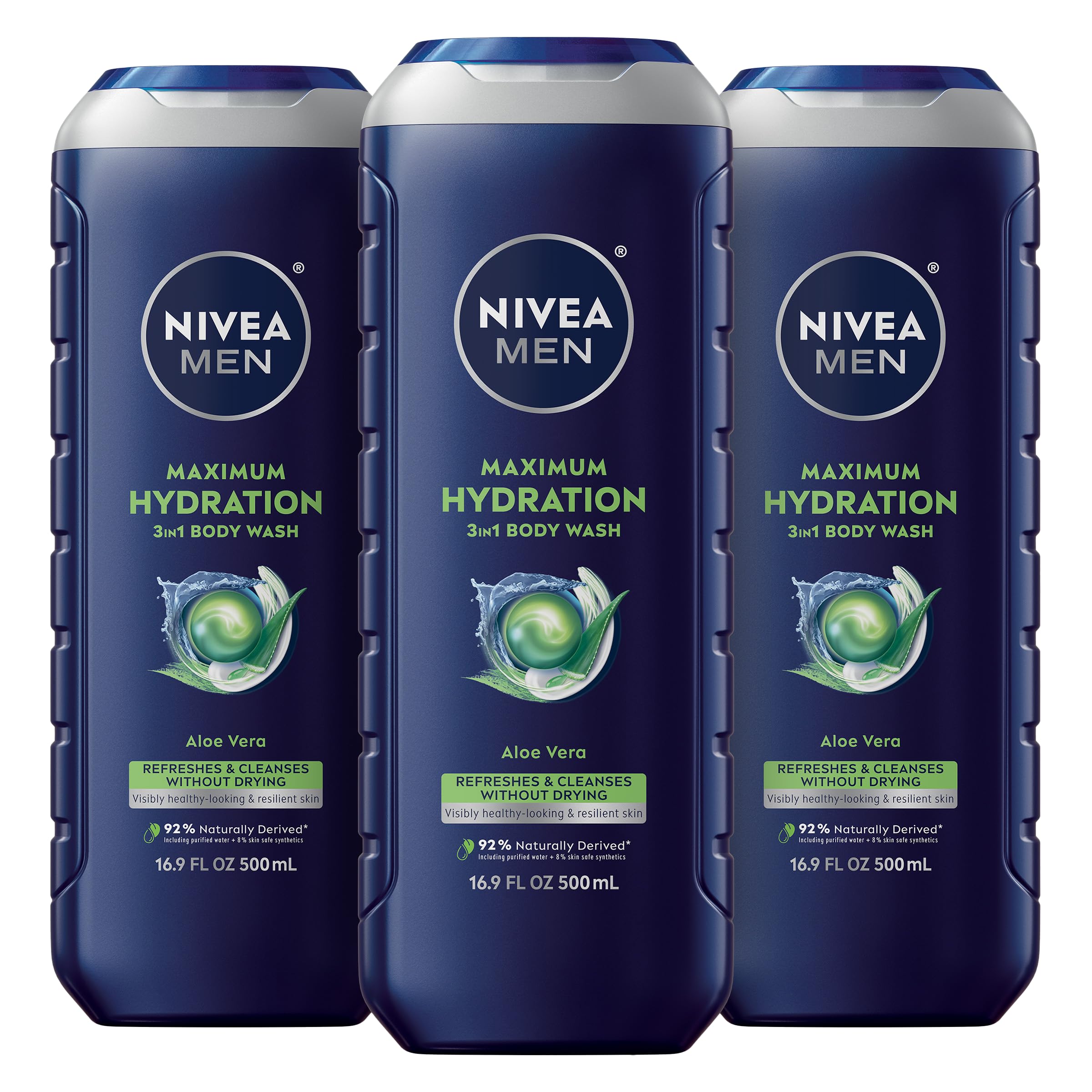 Bouteille NIVEA MEN Maximum Hydration 3-en-1, idéale pour corps, visage et cheveux.