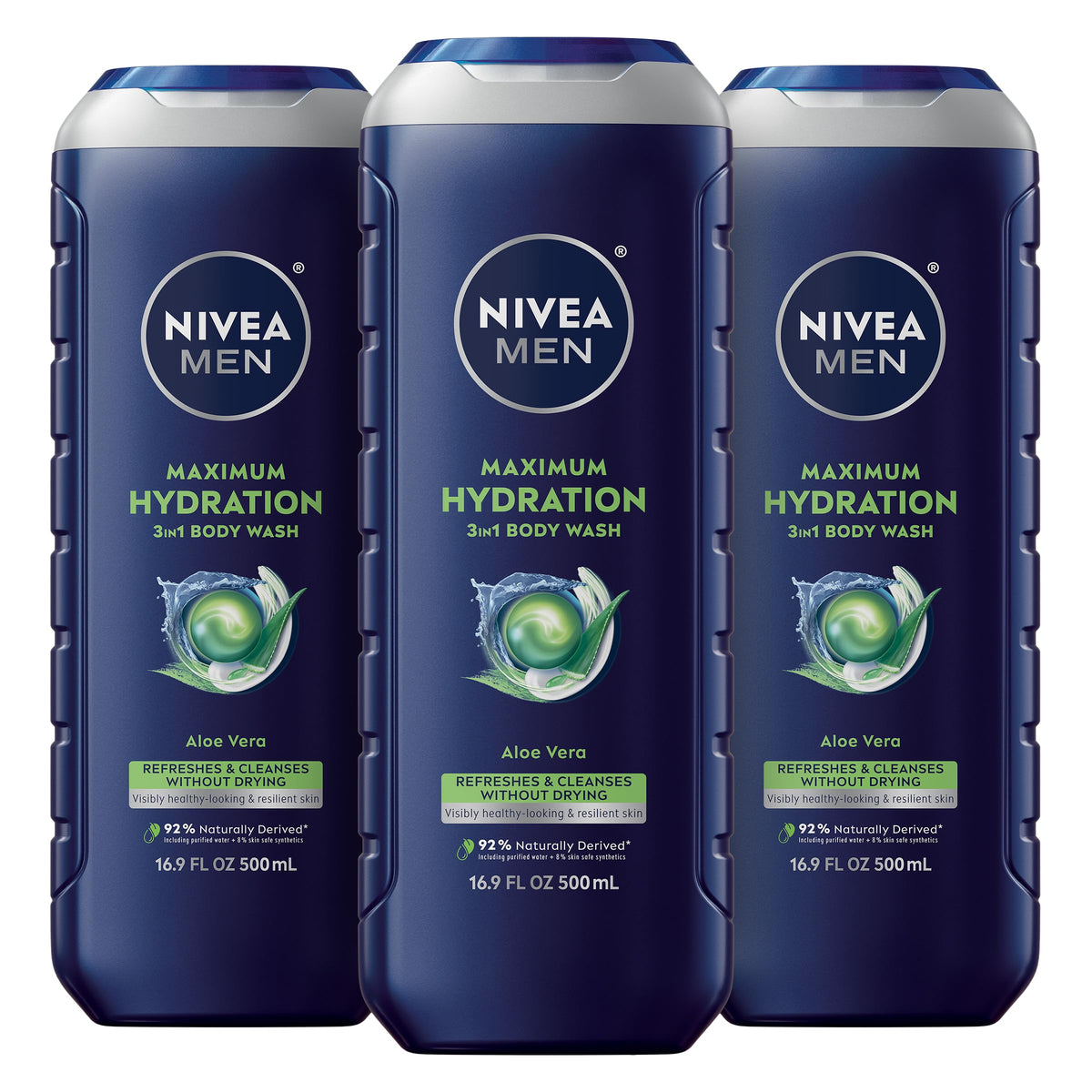 Bouteille NIVEA MEN Maximum Hydration 3-en-1, idéale pour corps, visage et cheveux.