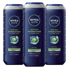 Bouteille NIVEA MEN Maximum Hydration 3-en-1, idéale pour corps, visage et cheveux.