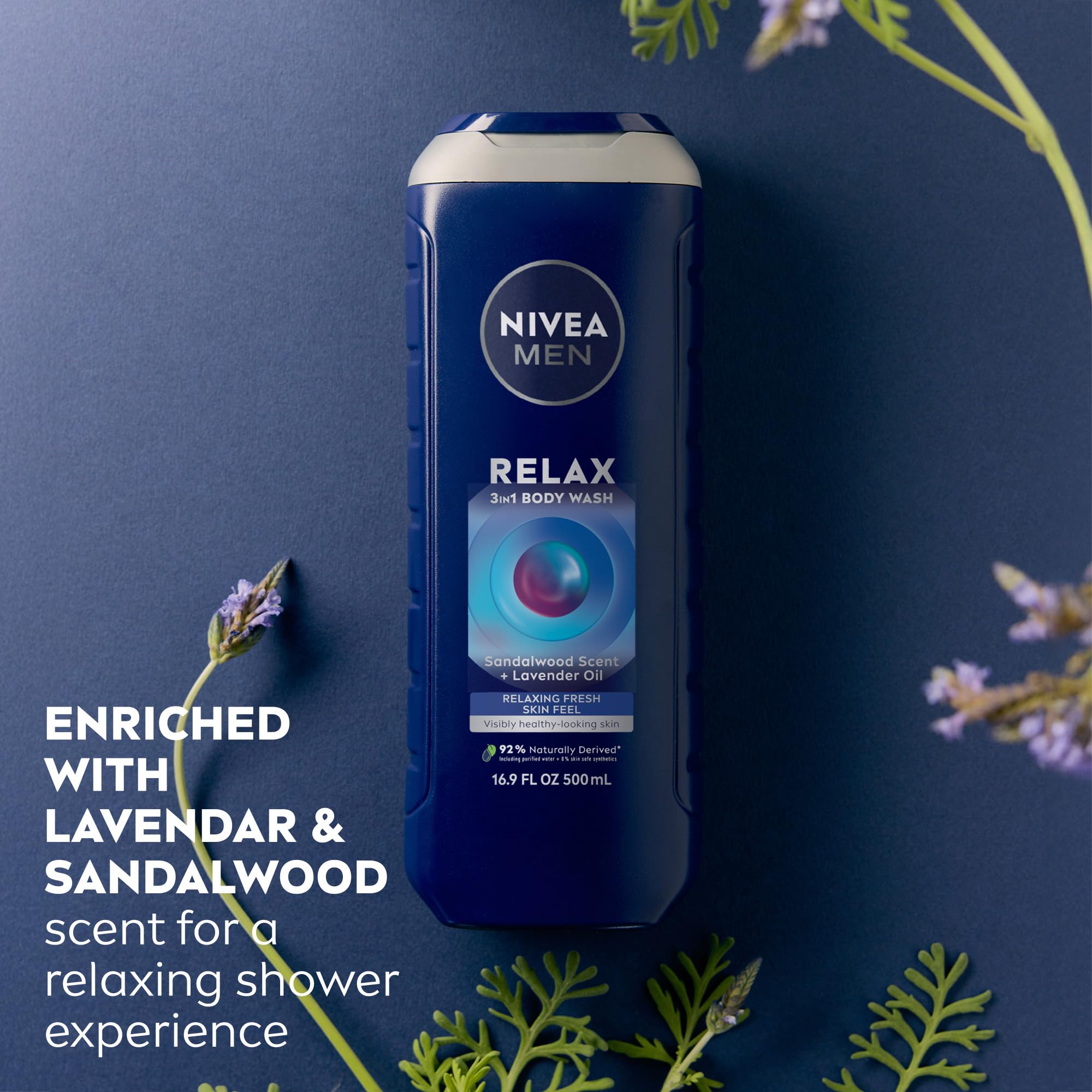 NIVEA MEN Relax bottle back label highlighting vegan formula and sustainability