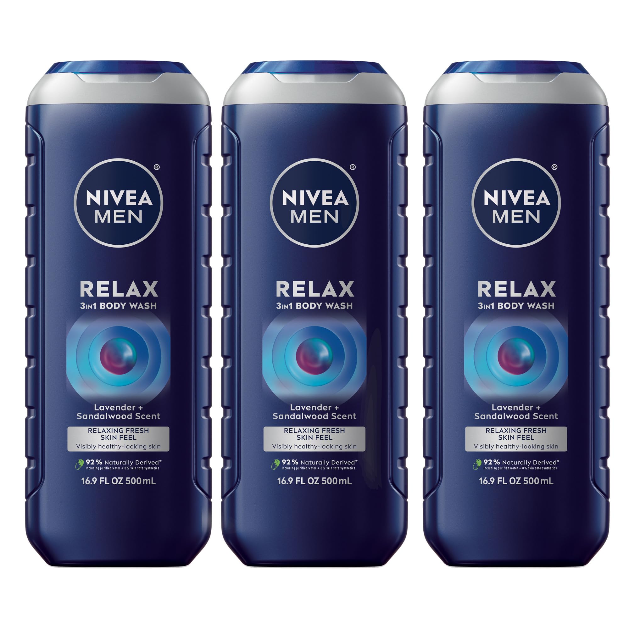 NIVEA MEN Relax bottle front view with lavender-sandalwood vibe for nightly wind-down