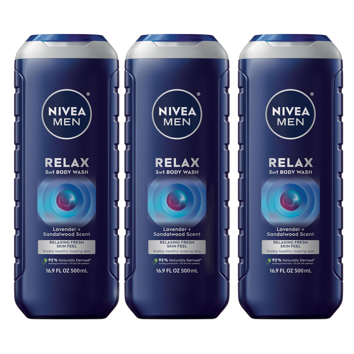 NIVEA MEN Relax bottle front view with lavender-sandalwood vibe for nightly wind-down
