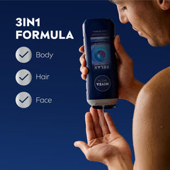 NIVEA MEN Relax bottle being poured to show 3-in-1 use in shower