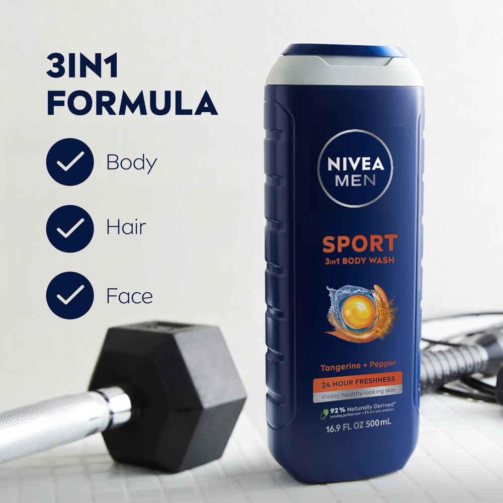 NIVEA MEN Sport: senteur mandarine-poivre pour énergie après l’effort.