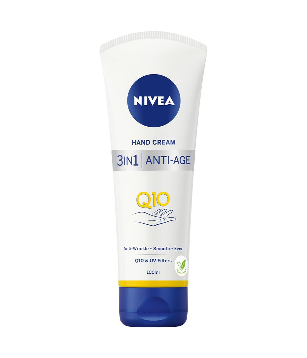Tube de Crème Mains NIVEA Q10 3 en 1, soin rapide et pratique.