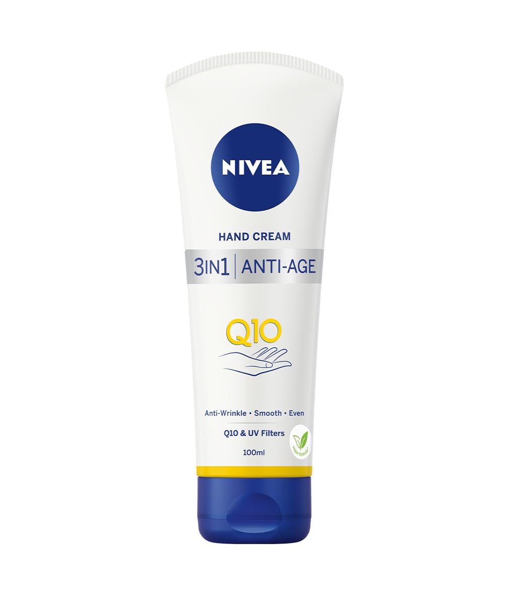 Tube de Crème Mains NIVEA Q10 3 en 1, soin rapide et pratique.