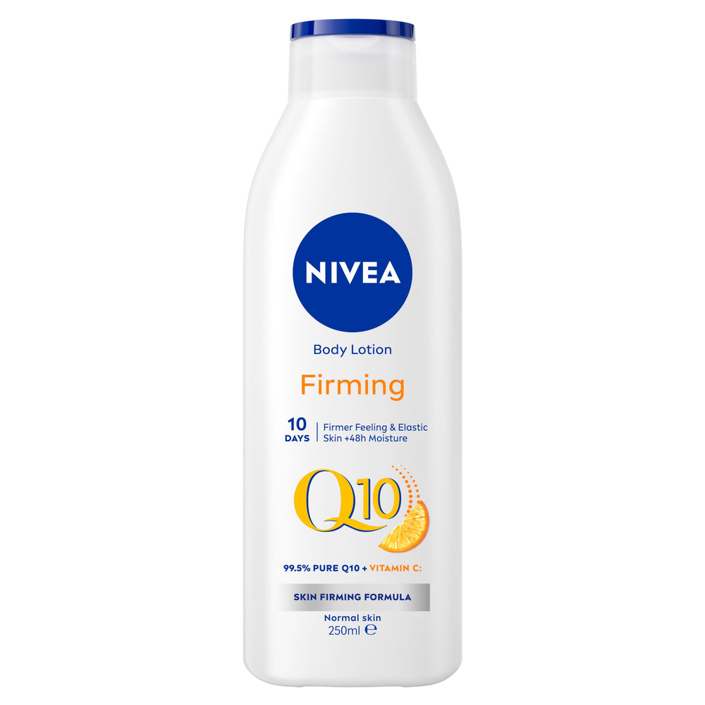 Lotion corporelle NIVEA Q10 Energy Plus sur flacon, hydratation durable.