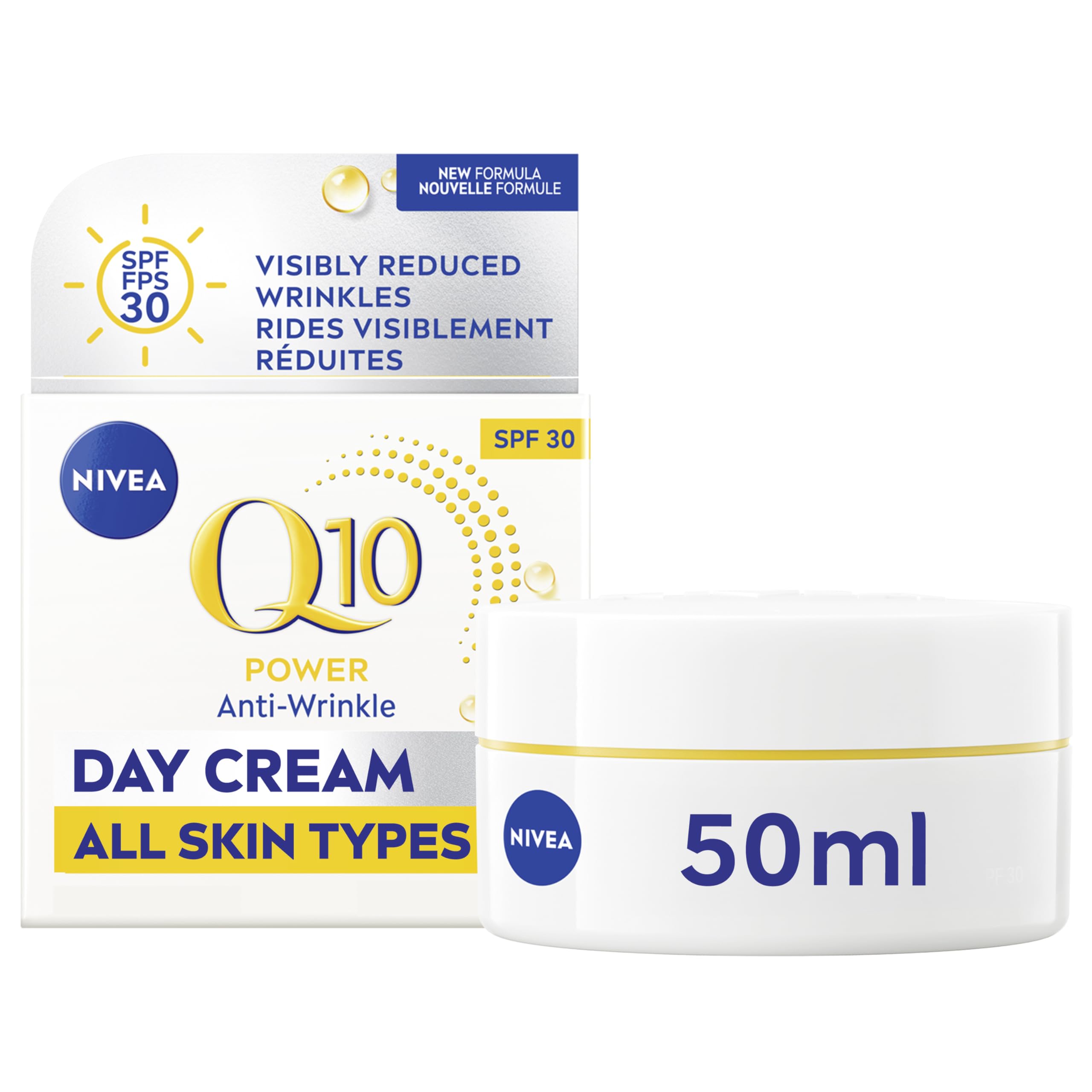 NIVEA Q10 Plus Anti-rides jour, bocal 50 ml, hydratation quotidienne.