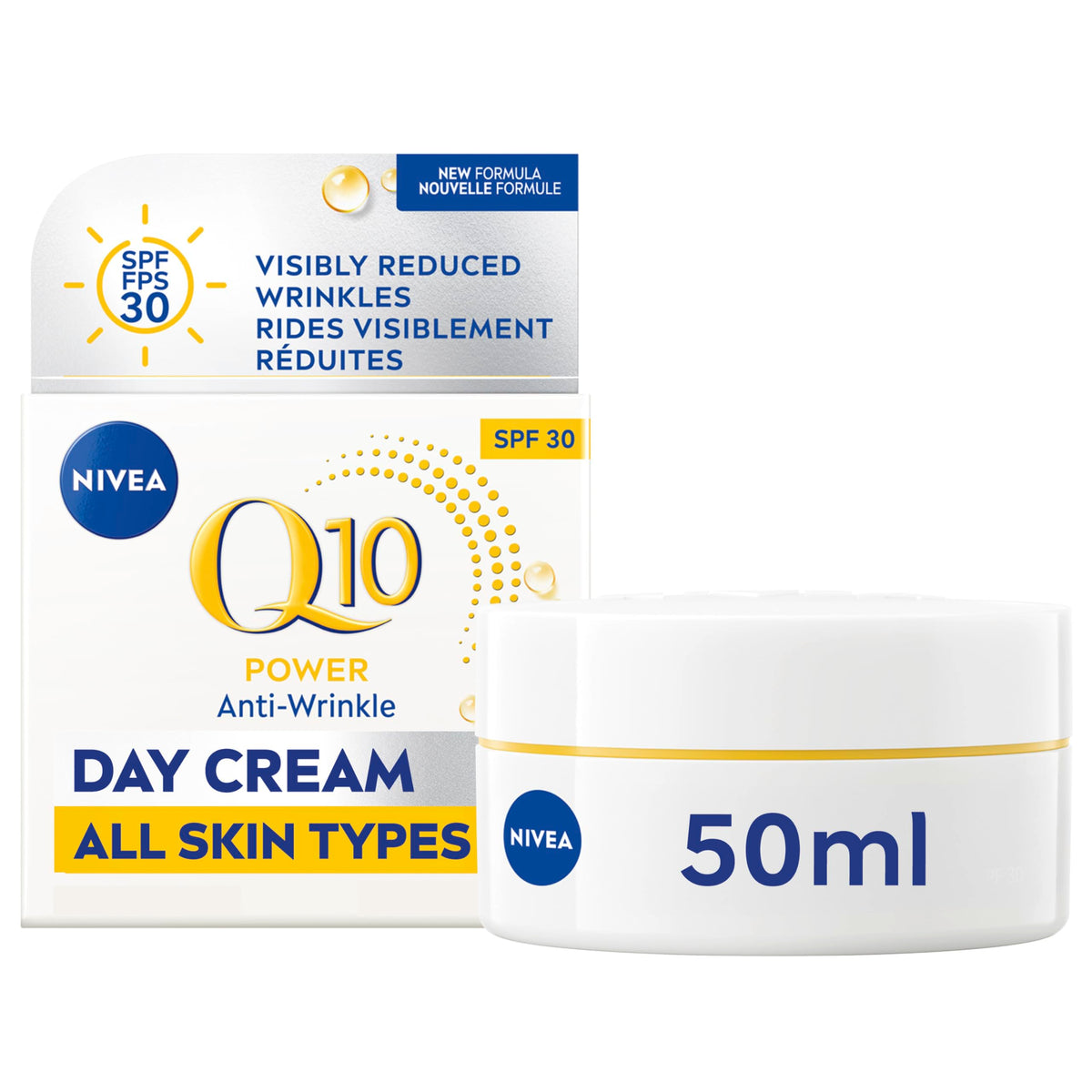 NIVEA Q10 Plus Anti-rides jour, bocal 50 ml, hydratation quotidienne.