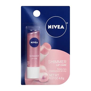 NIVEA Shimmer Radiant Lip Care four-pack display for value.