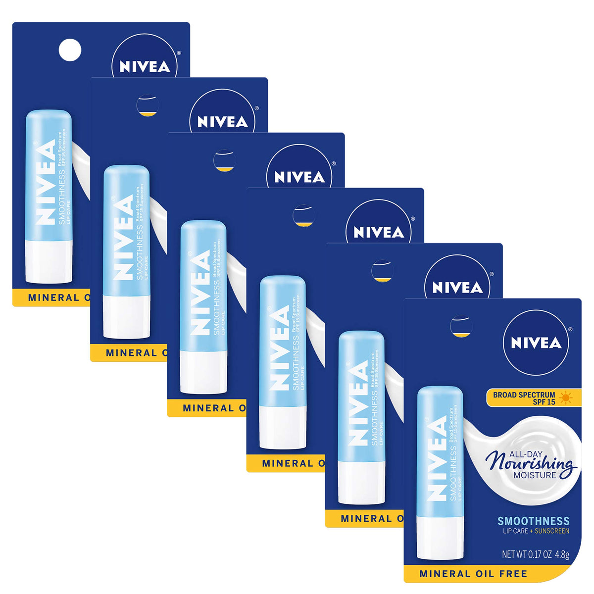 NIVEA Soin Lèvres Smoothness SPF 15 : emballage visible, hydratation durable pour les lèvres au soleil.