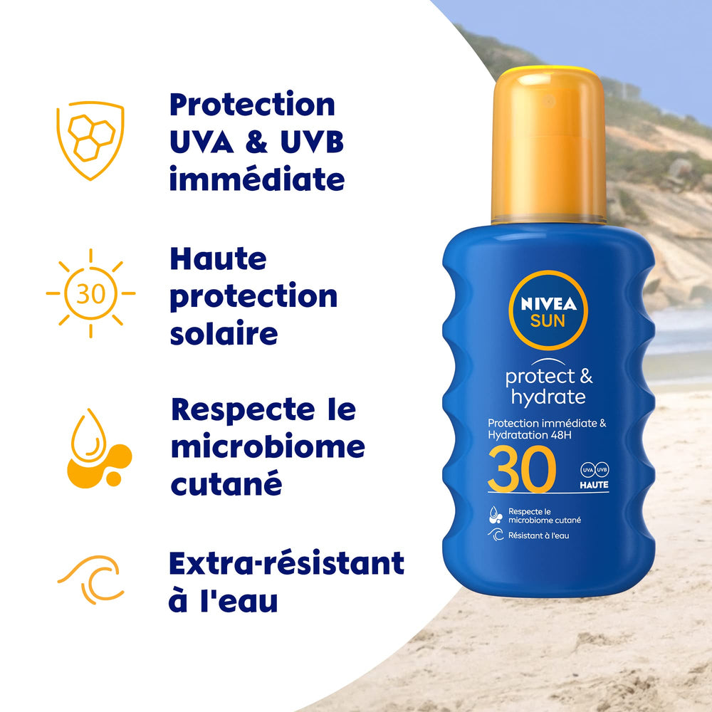 NIVEA Soleil Aérosol SPF30, application rapide et uniforme sur la peau.