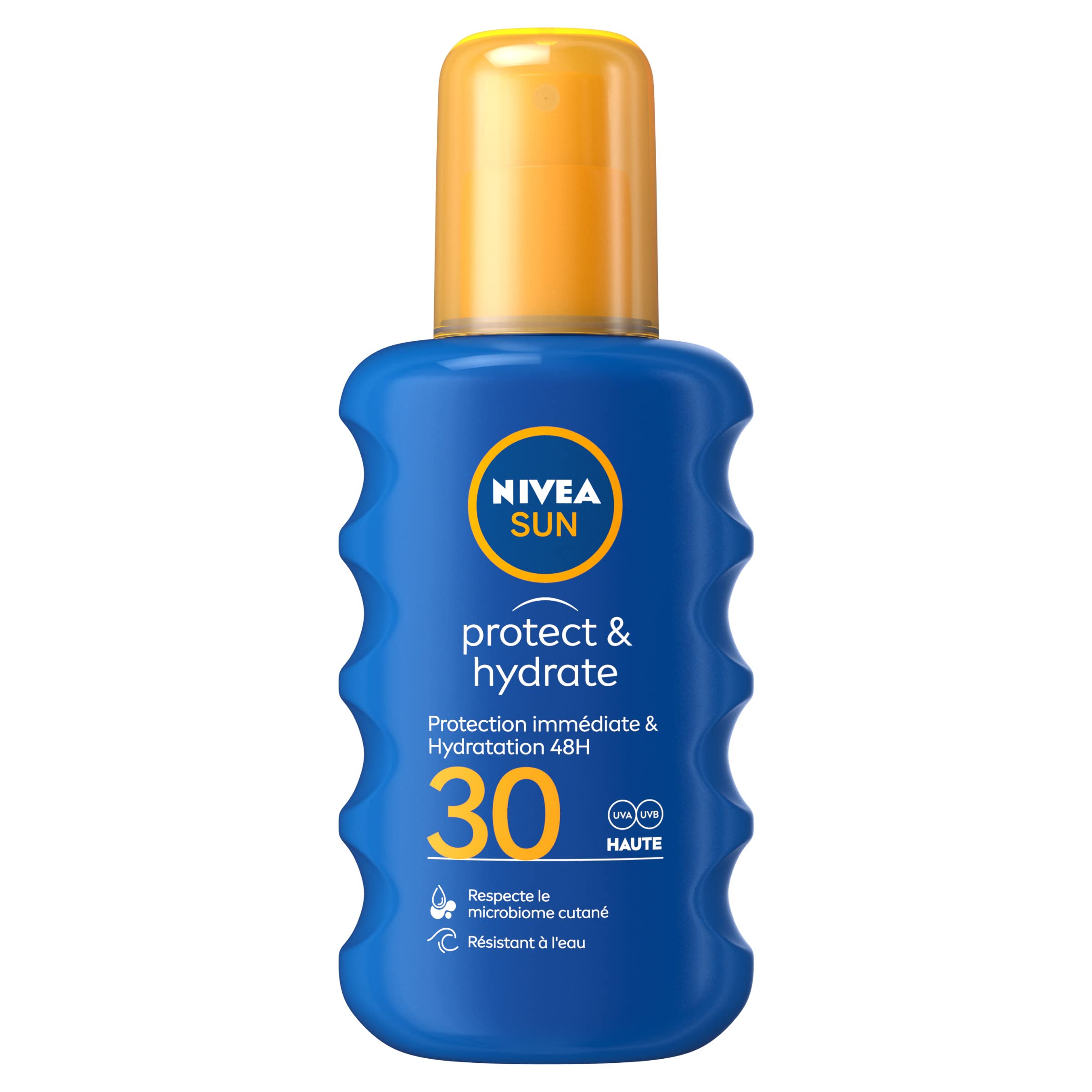 NIVEA Soleil Protéger et Hydrater Aérosol SPF30, bouteille prête pour une protection hydratante.
